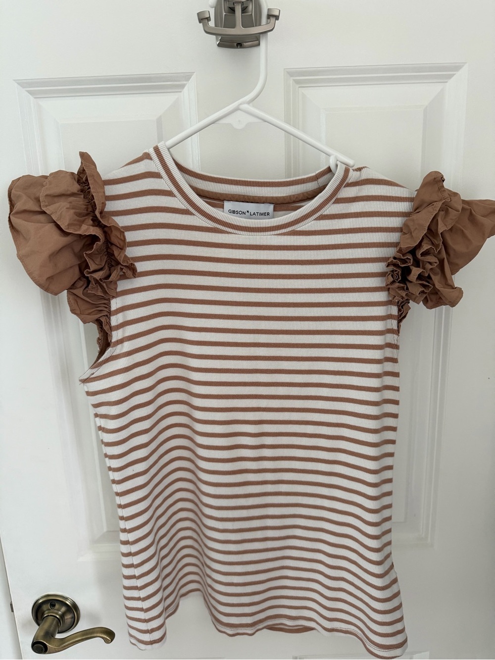 Gibson Latimer Cream & Brown Striped Ruffle Sleeve Tank Top
